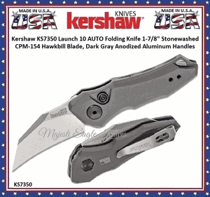 Kershaw KS7350 Launch 10 AUTO Folding Pocket Knife 1-7/8" Stonewashed CPM-154 Hawkbill Blade, Dark Gray Anodized Aluminum Handles