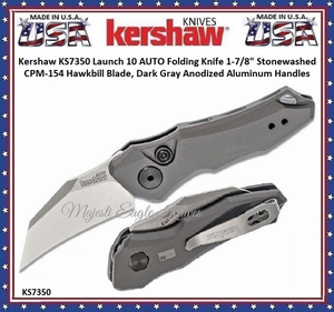 Kershaw KS7350 Launch 10 AUTO Folding Pocket Knife 1-7/8" Stonewashed CPM-154 Hawkbill Blade, Dark Gray Anodized Aluminum Handles