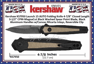 Kershaw Cutlery KS7950 Launch 15 AUTO Folding Pocket Knife 4-7/8" Closed Length 3-1/2" CPM-Magna Cut Black Washed Spear Point Blade, Black Aluminum Handles w/Canvas Micarta Inlays, Reversible Clip