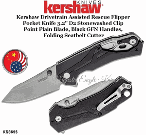 Kershaw KS8655 Kershaw Drivetrain Assisted Rescue Flipper Pocket Knife 3.2" D2 Stonewashed Clip Point Plain Blade, Black GFN Handles, Folding Seatbelt Cutter