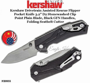 Kershaw KS8655 Kershaw Drivetrain Assisted Rescue Flipper Pocket Knife 3.2" D2 Stonewashed Clip Point Plain Blade, Black GFN Handles, Folding Seatbelt Cutter
