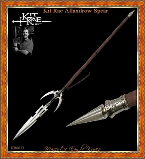 Kit Rae Allaxdrow Spear Stainless Steel Blades, Blackened Steel Shaft, Leather-Wrapped Grips, Metal Fittings Overall Length 69 1/2” Kit Rae Allaxdrow Spear Stainless Steel Blades, Blackened Steel Shaft, Leather-Wrapped Grips, Metal Fittings Overall Length 69 1/2”