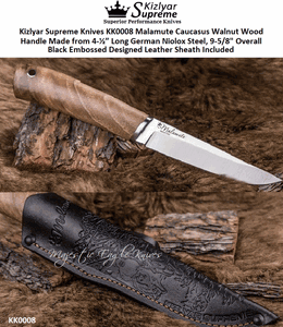 Kizlyar Supreme Knives KK0008 Malamute Caucasus Walnut Wood Handle Made from 4-�� Long German Niolox Steel, 9-5/8" Overall Black Embossed Designed Leather Sheath Included