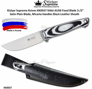 Kizlyar Supreme Knives KK0037 Nikki AUS8 Fixed Blade 3-/2" Satin Plain Blade, Micarta Handles Black Leather Sheath