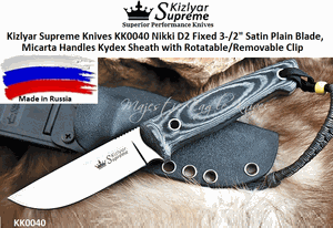 Kizlyar Supreme Knives KK0040 Nikki D2 Fixed 3-/2" Satin Plain Blade, Micarta Handles Kydex Sheath with Rotatable/Removable Clip