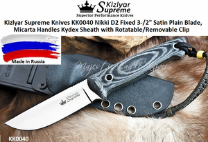 Kizlyar Supreme Knives KK0040 Nikki D2 Fixed 3-/2" Satin Plain Blade, Micarta Handles Kydex Sheath with Rotatable/Removable Clip