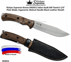 Kizlyar Supreme Knives KK0052 Safari-Aus8-SW Fixed 6-1/4" Plain Blade, Ergonomic Walnut Handle Black Leather Sheath Kizlyar Supreme Knives KK0052 Safari-Aus8-SW Fixed 6-1/4" Plain Blade, Ergonomic Walnut Handle Black Leather Sheath