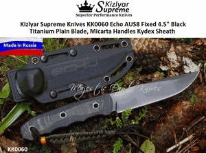 Kizlyar Supreme Knives KK0060 Echo AUS8 Fixed 4.5" Black Titanium Plain Blade, Micarta Handles Kydex Sheath 
