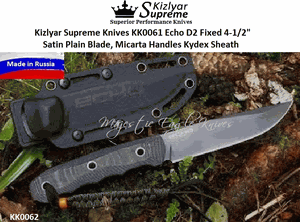 Kizlyar Supreme Knives KK0062 Echo D2 Fixed 4-/2" Black Titanium Plain Blade, Micarta Handles Kydex Sheath 