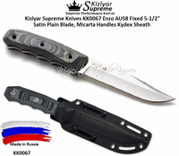 Kizlyar Supreme Knives KK0067 Enzo AUS8 Fixed 5-1/2" Satin Plain Blade, Micarta Handles Kydex Sheath 