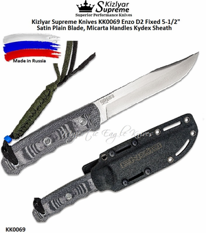 Kizlyar Supreme Knives KK0069 Enzo D2 Fixed 5-1/2" Satin Plain Blade, Micarta Handles Kydex Sheath 