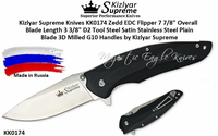 Kizlyar Supreme Knives KK0174 Zedd EDC Flipper 7 7/8" Overall Blade Length 3 3/8" D2 Tool Steel Satin Stainless Steel Plain Blade 3D Milled G10 Handles by Kizlyar Supreme