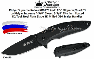 Kizlyar Supreme Knives KK0175 Zedd EDC Flipper Overall: 7 7/8"  Blade Length: 3 3/8"w/ Black Titanium Coated D2 Tool Steel 3D Milled G10 Handles by Kizlyar Supreme
