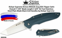 Kizlyar Supreme Knives KK0226 Zorg EDC Flipper Satin Overall 7 7/8" Blade Length 3 3/8" D2 Tool Stainless Steel Plain Blade Black G10 Handles by Kizlyar Supreme