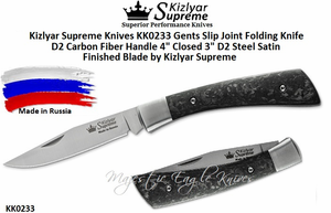 Kizlyar Supreme Knives KK0233 Gent Pocket Knife Overall 7 1/4" Blade Length 3" D2 Steel w/Satin Finish Plain Blade Carbon Fiber Handles by Kizlyar Supreme