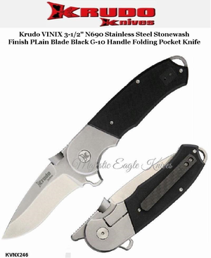 Krudo Knives KVNX246 Krudo VINIX 3-1/2" N690 Stainless Steel Stonewash Finish PLain Blade Black G-10 Handle Folding Pocket Knife Krudo Knives KVNX246 Krudo VINIX 3-1/2" N690 Stainless Steel Stonewash Finish PLain Blade Black G-10 Handle Folding Pocket Knife