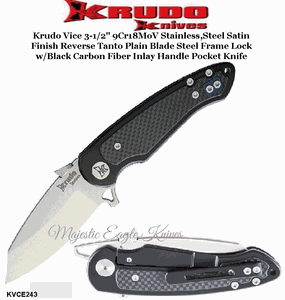 Krudo Knives KVCE243 Krudo Vice 3-1/2" 9Cr18MoV Stainless Steel Satin Finish Reverse Tanto Plain Blade Steel Frame Lock w/Black Carbon Fiber Inlay Handle Pocket Knife 