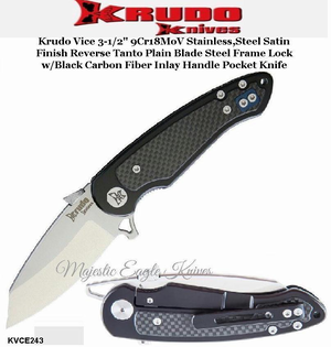 Krudo Knives KVCE243 Krudo Vice 3-1/2" 9Cr18MoV Stainless Steel Satin Finish Reverse Tanto Plain Blade Steel Frame Lock w/Black Carbon Fiber Inlay Handle Pocket Knife Krudo Knives KVCE243 Krudo Vice 3-1/2" 9Cr18MoV Stainless Steel Satin Finish Reverse Tanto Plain Blade Steel Frame Lock w/Black Carbon Fiber Inlay Handle Pocket Knife