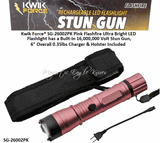 Kwik Force� SG-26002PK Pink Flashfire Ultra Bright LED Flashlight has a Built-in 16,000,000 Volt Stun Gun, 6" Overall 0.35lbs Charger & Holster Included