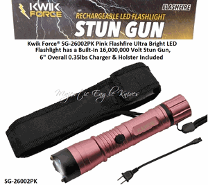 Kwik Force� SG-26002PK Pink Flashfire Ultra Bright LED Flashlight has a Built-in 16,000,000 Volt Stun Gun, 6" Overall 0.35lbs Charger & Holster Included