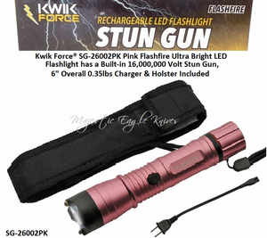 Kwik Force® SG-26002PK Pink Flashfire Ultra Bright LED Flashlight has a Built-in 16,000,000 Volt Stun Gun, 6" Overall 0.35lbs Charger & Holster Included Kwik Force® SG-26002PK Pink Flashfire Ultra Bright LED Flashlight has a Built-in 16,000,000 Volt Stun Gun, 6" Overall 0.35lbs Charger & Holster Included