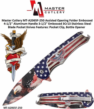 Master Cutlery MT-A2065F-250 Assisted Opening Folder Embossed 4-1/2" Aluminum Handle 3-1/2" Embossed 3Cr13 Stainless Steel Blade Pocket Knives Features: Pocket Clip, Bottle Opener Master Cutlery MT-A2065F-250 Assisted Opening Folder Embossed 4-1/2" Aluminum Handle 3-1/2" Embossed 3Cr13 Stainless Steel Blade Pocket Knives Features: Pocket Clip, Bottle Opener
