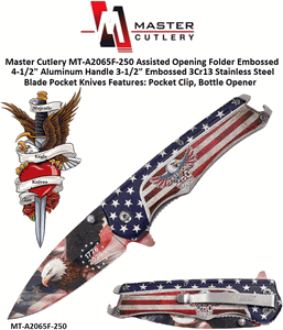 Master Cutlery MT-A2065F-250 Assisted Opening Folder Embossed 4-1/2" Aluminum Handle 3-1/2" Embossed 3Cr13 Stainless Steel Blade Pocket Knives Features: Pocket Clip, Bottle Opener