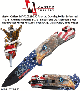 Master Cutlery MT-A2072E-250 Assisted Opening Folder Embossed 4-1/2" Aluminum Handle 3-1/2" Embossed 3Cr13 Stainless Steel Blade Pocket Knives Features: Pocket Clip, Glass Punch, Rope Cutter