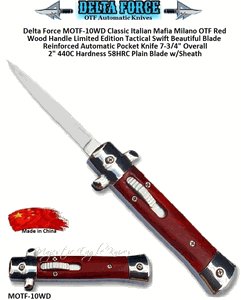MINI Italian Milano Limited Edition OTF 440C Hardness: 58HRC Drop Point, Blade Tactical Wood Handle Automatic Pocket Knife. 7-3/4" Overall 2" Silver Plain Blade w/Sheath