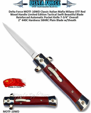 MINI Italian Milano Limited Edition OTF 440C Hardness: 58HRC Drop Point, Blade Tactical Wood Handle Automatic Pocket Knife. 7-3/4" Overall 2" Silver Plain Blade w/Sheath MINI Italian Milano Limited Edition OTF 440C Hardness: 58HRC Drop Point, Blade Tactical Wood Handle Automatic Pocket Knife. 7-3/4" Overall 2" Silver Plain Blade w/Sheath