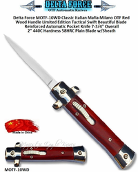 MINI Italian Milano Limited Edition OTF 440C Hardness: 58HRC Drop Point, Blade Tactical Wood Handle Automatic Pocket Knife. 7-3/4" Overall 2" Silver Plain Blade w/Sheath MINI Italian Milano Limited Edition OTF 440C Hardness: 58HRC Drop Point, Blade Tactical Wood Handle Automatic Pocket Knife. 7-3/4" Overall 2" Silver Plain Blade w/Sheath