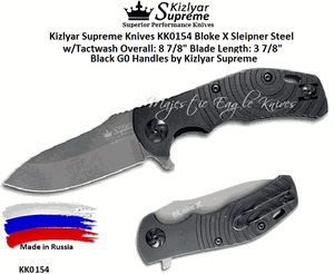 Kizlyar Supreme Knives Hanwei KK0154 Kizlyar Supreme Bloke X Flipper Knife Overall 8-3/4" Length 3-3/4" Sleipner Tact Wash Drop Point Blade, Black G10 Handles