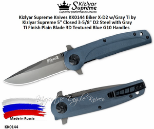 Kizlyar Supreme Knives KK0144 Biker X-D2 w/Gray Ti by Kizlyar Supreme 5" Closed 3-5/8" D2 Steel with Gray Ti Finish Plain Blade 3D Textured Blue G10 Handles