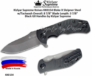 Kizlyar Supreme Knives Hanwei KK0154 Kizlyar Supreme Bloke X Flipper Knife Overall 8-3/4" Length 3-3/4" Sleipner Tact Wash Drop Point Blade, Black G10 Handles