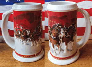 STEIN-1999-BUDWEISER-HANDCRAFTED-IN-BRAZIL-2004-HOLIDAY-STEIN-25th-anniversary-#CS608