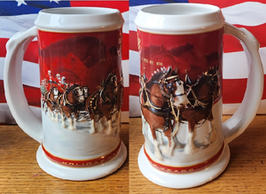 STEIN-1999-BUDWEISER-HANDCRAFTED-IN-BRAZIL-2004-HOLIDAY-STEIN-25th-anniversary-#CS608