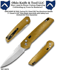 OHIO KNIFE & TOOL LLC Tactical D-2 Steel CNC Tan Alum Handle Auto Knife with Safety Lock