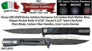 Ontario Knife Co. Ocaso OKC10IFB Solstice Damascus Fat Carbon Dark Matter Blue, Flipper Pocket Knife 4-5/16" Closed 3-1/2" Satin Clip Point Plain Blade, Carbon Fiber Handles, Liner Locks Demko