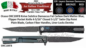 Ontario Knife Co. Ocaso OKC10IFB Solstice Damascus Fat Carbon Dark Matter Blue, Flipper Pocket Knife 4-5/16" Closed 3-1/2" Satin Clip Point Plain Blade, Carbon Fiber Handles, Liner Locks Demko