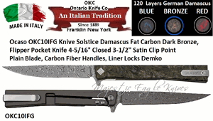 Ontario Knife Co. Ocaso OKC10IFG Solstice Damascus Fat Carbon Dark Bronze, Flipper Pocket Knife 4-5/16" Closed 3-1/2" Satin Clip Point Plain Blade, Carbon Fiber Handles, Liner Locks Demko