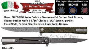 Ontario Knife Co. Ocaso OKC10IFG Solstice Damascus Fat Carbon Dark Bronze, Flipper Pocket Knife 4-5/16" Closed 3-1/2" Satin Clip Point Plain Blade, Carbon Fiber Handles, Liner Locks Demko
