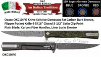 Ontario Knife Co. Ocaso OKC10IFG Solstice Damascus Fat Carbon Dark Bronze, Flipper Pocket Knife 4-5/16" Closed 3-1/2" Satin Clip Point Plain Blade, Carbon Fiber Handles, Liner Locks Demko