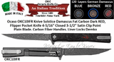 Ontario Knife Co. Ocaso OKC10IFR Solstice Damascus Fat Carbon Dark RED, Flipper Pocket Knife 4-5/16" Closed 3-1/2" Satin Clip Point Plain Blade, Carbon Fiber Handles, Liner Locks Demko