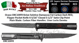 Ontario Knife Co. Ocaso OKC10IFR Solstice Damascus Fat Carbon Dark RED, Flipper Pocket Knife 4-5/16" Closed 3-1/2" Satin Clip Point Plain Blade, Carbon Fiber Handles, Liner Locks Demko