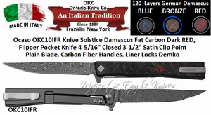 Ontario Knife Co. Ocaso OKC10IFR Solstice Damascus Fat Carbon Dark RED, Flipper Pocket Knife 4-5/16" Closed 3-1/2" Satin Clip Point Plain Blade, Carbon Fiber Handles, Liner Locks Demko