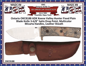 Ontario Knife Company OKC8188 Ontario ADK Keene Valley Hunter Fixed Plain Blade Knife 3-6/8" Satin Drop Point, Multicolor Micarta Handles, Leather Sheath 