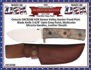 Ontario Knife Company OKC8188 Ontario ADK Keene Valley Hunter Fixed Plain Blade Knife 3-6/8" Satin Drop Point, Multicolor Micarta Handles, Leather Sheath 