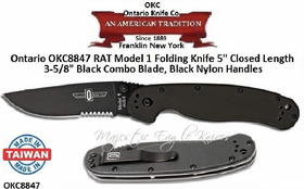 Ontario Knife Company OKC8847 Ontario RAT Model 1 Folding Knife 5" Closed Length 3-5/8" AUS 8 Stainless Steel Black Combo Blade, Black Nylon Handles Ontario Knife Company OKC8847 Ontario RAT Model 1 Folding Knife 5" Closed Length 3-5/8" AUS 8 Stainless Steel Black Combo Blade, Black Nylon Handles