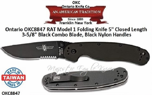 Ontario Knife Company OKC8847 Ontario RAT Model 1 Folding Knife 5" Closed Length 3-5/8" AUS 8 Stainless Steel Black Combo Blade, Black Nylon Handles Ontario Knife Company OKC8847 Ontario RAT Model 1 Folding Knife 5" Closed Length 3-5/8" AUS 8 Stainless Steel Black Combo Blade, Black Nylon Handles