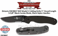 Ontario Knife Company OKC8847 Ontario RAT Model 1 Folding Knife 5" Closed Length 3-5/8" AUS 8 Stainless Steel Black Combo Blade, Black Nylon Handles 